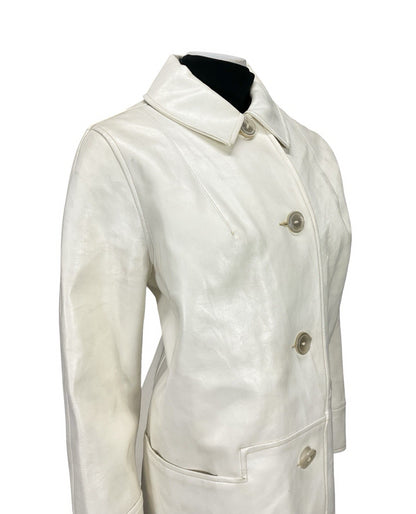 VTG 60S MOD GOGO GEOMETRIC WHITE LEATHER SHIFT COAT ZIP FAUX FUR GILET 16 18 L