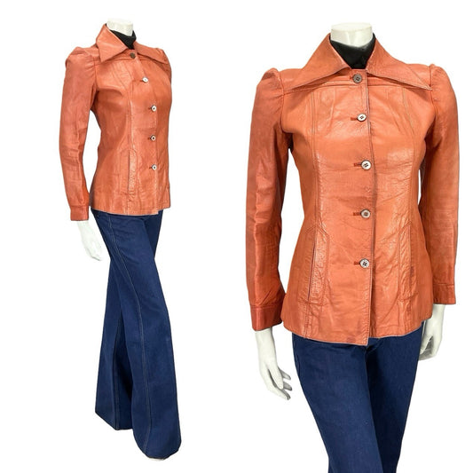 VTG 70S SALMON TAN LEATHER DAGGER WING COLLAR MOD WELT POCKET JACKET 8