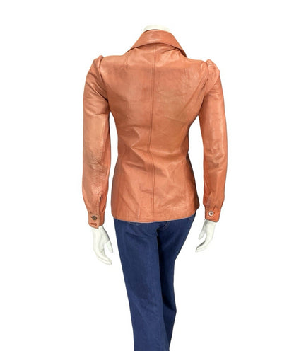 VTG 70S SALMON TAN LEATHER DAGGER WING COLLAR MOD WELT POCKET JACKET 8