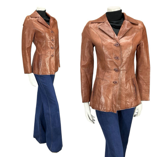 VTG 60S 70S TAN BROWN LEATHER NOTCH LAPEL MOD WELT POCKET BUTTON DOWN JACKET 8