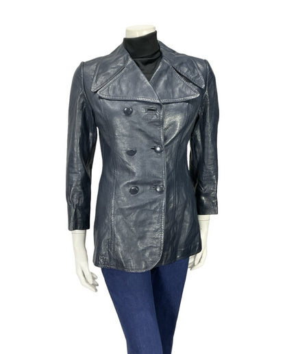 VTG 60S 70S NAVY BLUE MOD LEATHER DOUBLE BREASTED CROPPED TRENCH MAC JACKET 10