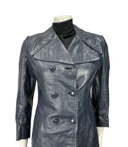 VTG 60S 70S NAVY BLUE MOD LEATHER DOUBLE BREASTED CROPPED TRENCH MAC JACKET 10