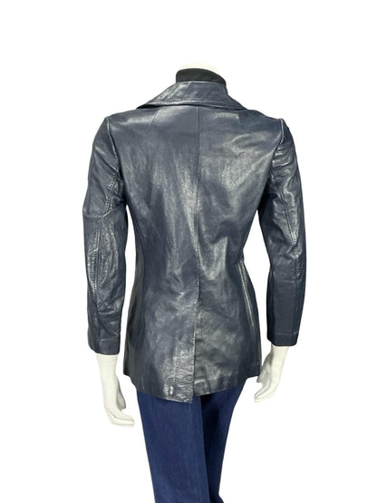 VTG 60S 70S NAVY BLUE MOD LEATHER DOUBLE BREASTED CROPPED TRENCH MAC JACKET 10