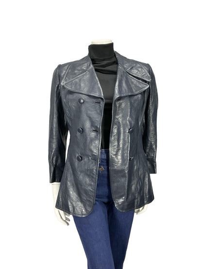 VTG 60S 70S NAVY BLUE MOD LEATHER DOUBLE BREASTED CROPPED TRENCH MAC JACKET 10