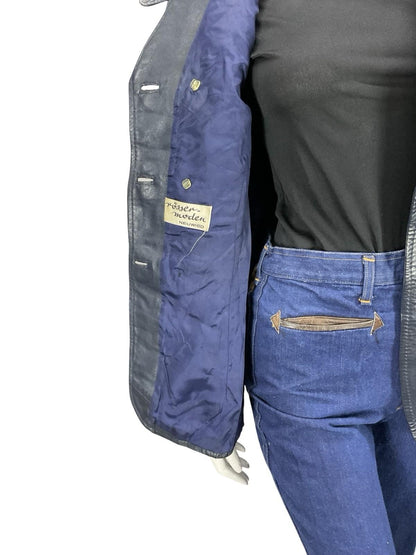VTG 60S 70S NAVY BLUE MOD LEATHER DOUBLE BREASTED CROPPED TRENCH MAC JACKET 10