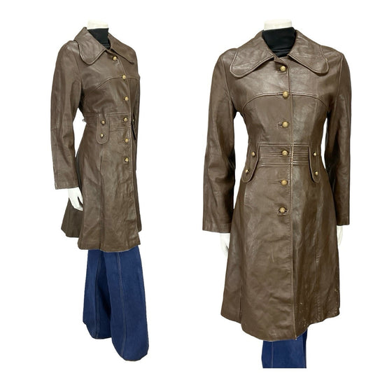VTG 60S MOD MILITARY DOG EAR COLLAR GOLD BUTTON BROWN LEATHER MAC JACKET 12