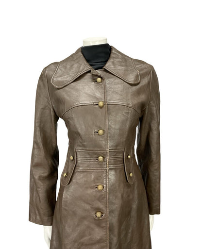 VTG 60S MOD MILITARY DOG EAR COLLAR GOLD BUTTON BROWN LEATHER MAC JACKET 12