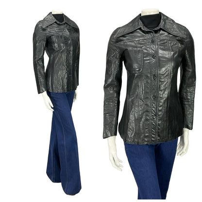 VTG 60S 70S JET BLACK LEATHER MOD DAGGER COLLAR BUTTON UP JACKET 8