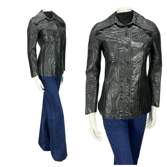 VTG 60S 70S JET BLACK LEATHER MOD DAGGER COLLAR BUTTON UP JACKET 8