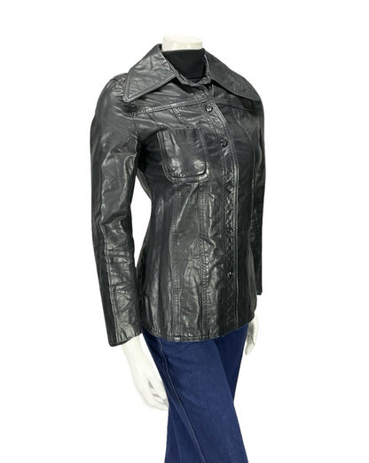 VTG 60S 70S JET BLACK LEATHER MOD DAGGER COLLAR BUTTON UP JACKET 8