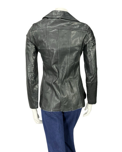 VTG 60S 70S JET BLACK LEATHER MOD DAGGER COLLAR BUTTON UP JACKET 8