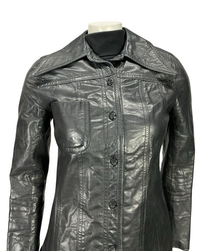 VTG 60S 70S JET BLACK LEATHER MOD DAGGER COLLAR BUTTON UP JACKET 8
