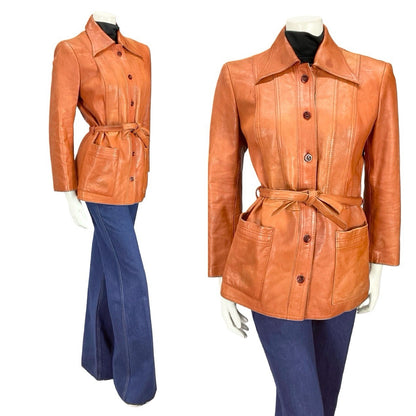 VTG 70S ORANGE TAN RUSTY MOD WINGED DAGGER COLLAR TIE WAIST LEATHER JACKET 12
