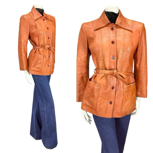 VTG 70S ORANGE TAN RUSTY MOD WINGED DAGGER COLLAR TIE WAIST LEATHER JACKET 12