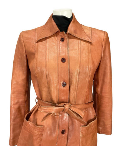 VTG 70S ORANGE TAN RUSTY MOD WINGED DAGGER COLLAR TIE WAIST LEATHER JACKET 12