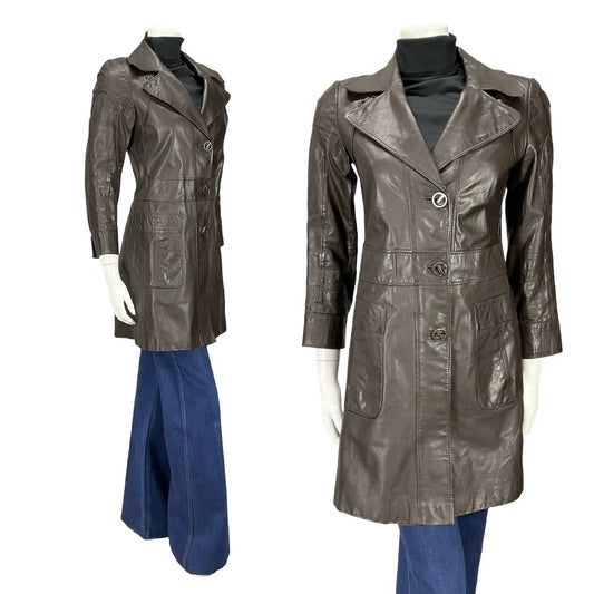 VTG 60S MOD SPACE AGE NOTCH LAPEL GEOMETRIC BROWN LEATHER TRENCH MAC JACKET 10