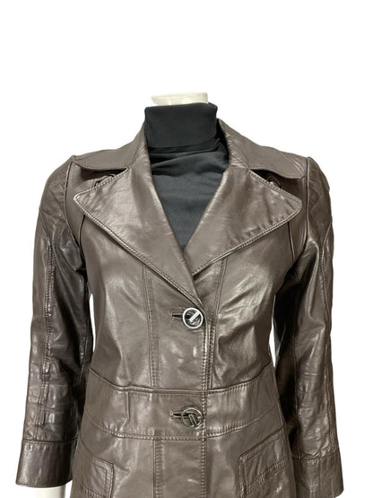 VTG 60S MOD SPACE AGE NOTCH LAPEL GEOMETRIC BROWN LEATHER TRENCH MAC JACKET 10