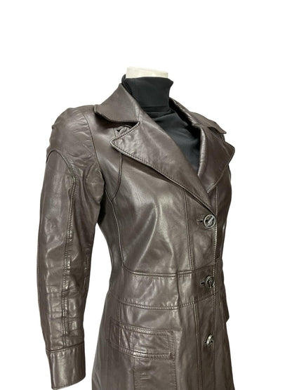 VTG 60S MOD SPACE AGE NOTCH LAPEL GEOMETRIC BROWN LEATHER TRENCH MAC JACKET 10