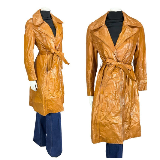 VTG 60S 70S TAN BROWN LEATHER NOTCH LAPEL OPEN WRAP TIE WAIST JACKET 12