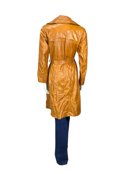 VTG 60S 70S TAN BROWN LEATHER NOTCH LAPEL OPEN WRAP TIE WAIST JACKET 12