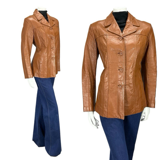 VTG 70S C&A TAN BROWN LEATHER NOTCH LAPEL JACKET WITH POCKETS 14