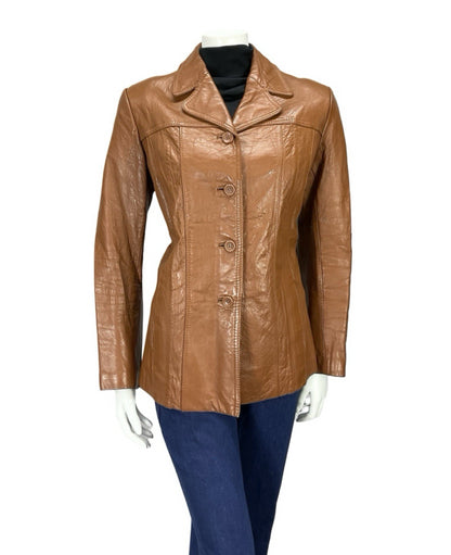 VTG 70S C&A TAN BROWN LEATHER NOTCH LAPEL JACKET WITH POCKETS 14