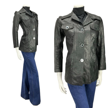 VTG 60S 70S JET BLACK DAGGER NOTCH LAPEL BIKER MOD PUNK LEATHER JACKET 10