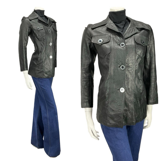 VTG 60S 70S JET BLACK DAGGER NOTCH LAPEL BIKER MOD PUNK LEATHER JACKET 10