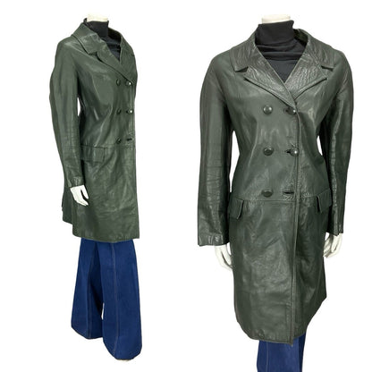VTG 60S 70S DARK GREEN LEATHER MOD TAILORED BLAZER DOUBLE BREASTED JACKET 16