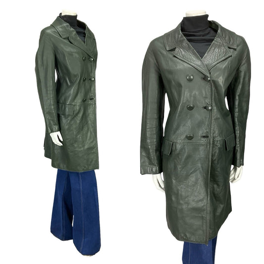 VTG 60S 70S DARK GREEN LEATHER MOD TAILORED BLAZER DOUBLE BREASTED JACKET 16
