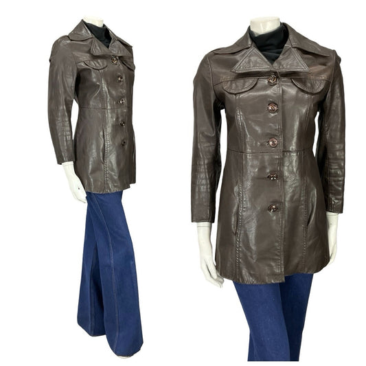VTG 60S 70S DARK BROWN LEATHER DAGGER NOTCH LAPEL COLLAR SEAM POCKET JACKET 10