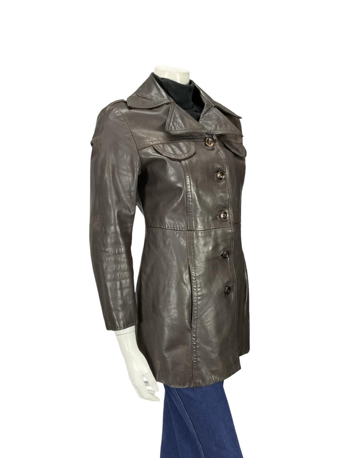 VTG 60S 70S DARK BROWN LEATHER DAGGER NOTCH LAPEL COLLAR SEAM POCKET JACKET 10