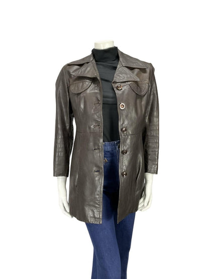 VTG 60S 70S DARK BROWN LEATHER DAGGER NOTCH LAPEL COLLAR SEAM POCKET JACKET 10