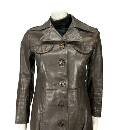 VTG 60S 70S DARK BROWN LEATHER DAGGER NOTCH LAPEL COLLAR SEAM POCKET JACKET 10
