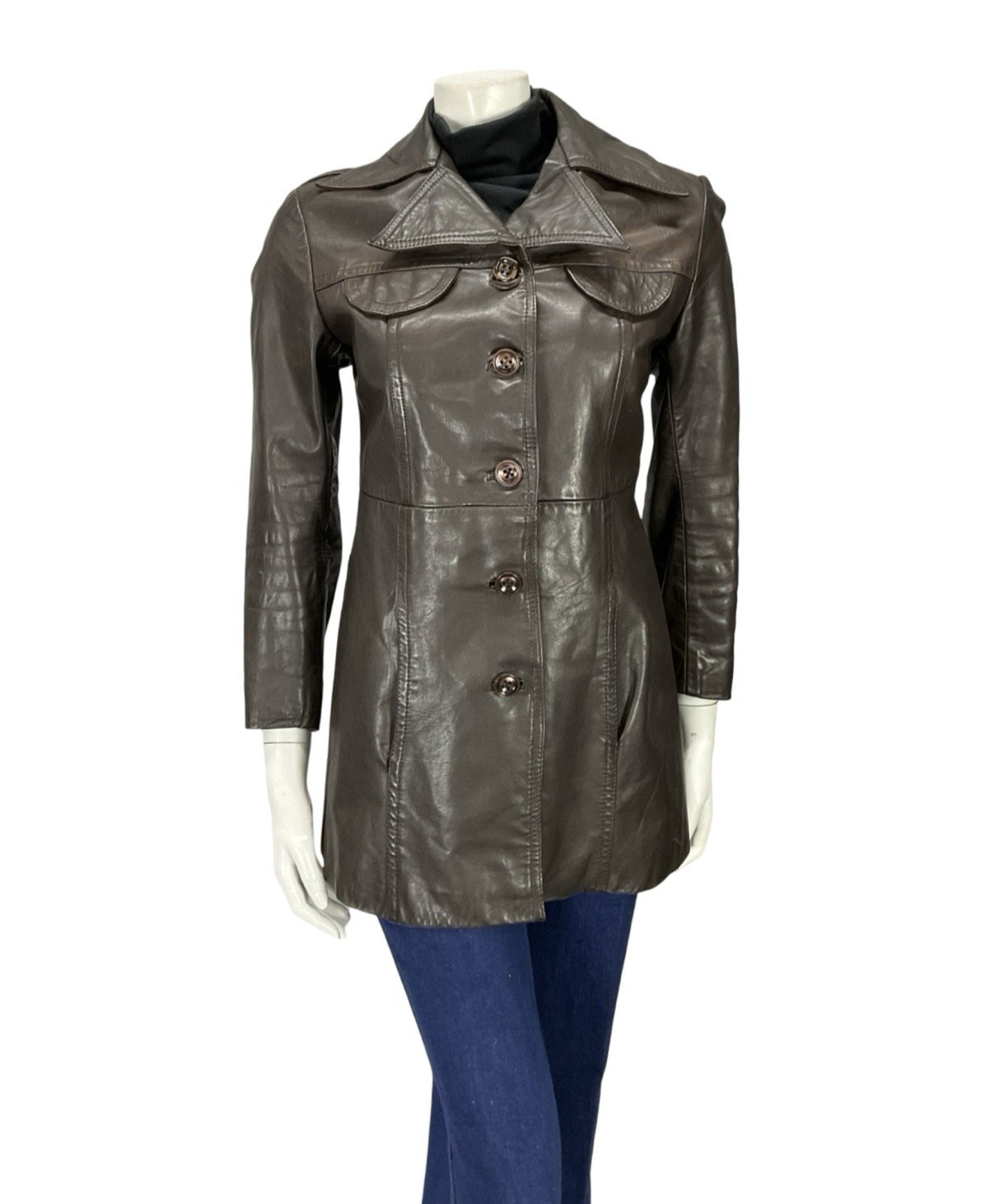 VTG 60S 70S DARK BROWN LEATHER DAGGER NOTCH LAPEL COLLAR SEAM POCKET JACKET 10