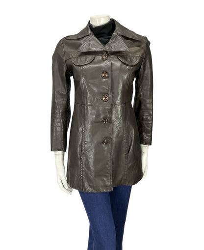 VTG 60S 70S DARK BROWN LEATHER DAGGER NOTCH LAPEL COLLAR SEAM POCKET JACKET 10
