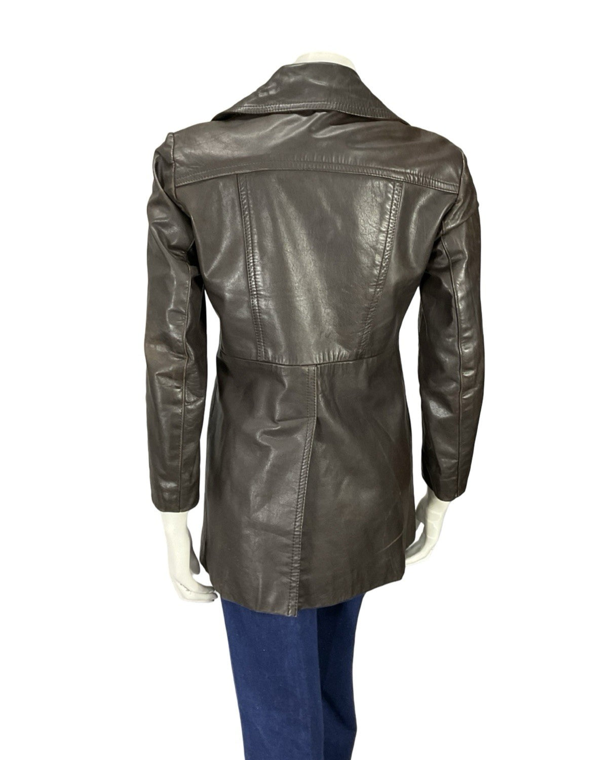 VTG 60S 70S DARK BROWN LEATHER DAGGER NOTCH LAPEL COLLAR SEAM POCKET JACKET 10