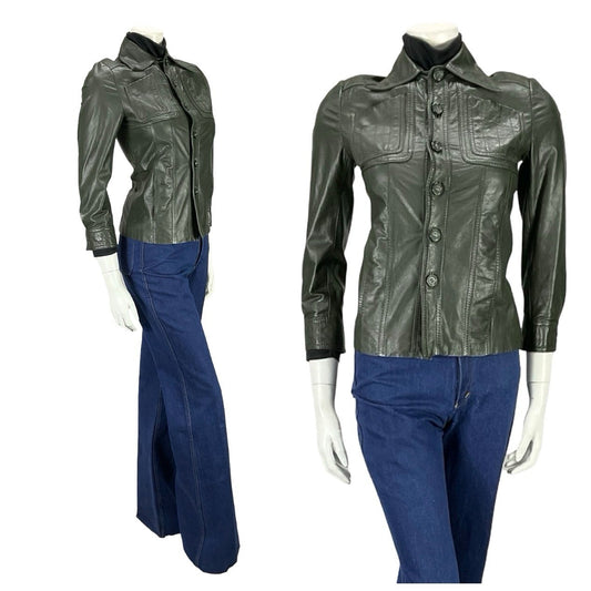 VTG 60s 70S MOD DARK GREEN NAPPA LEATHER DAGGER COLLAR LEATHER JACKET XS 4