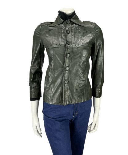 VTG 60s 70S MOD DARK GREEN NAPPA LEATHER DAGGER COLLAR LEATHER JACKET XS 4