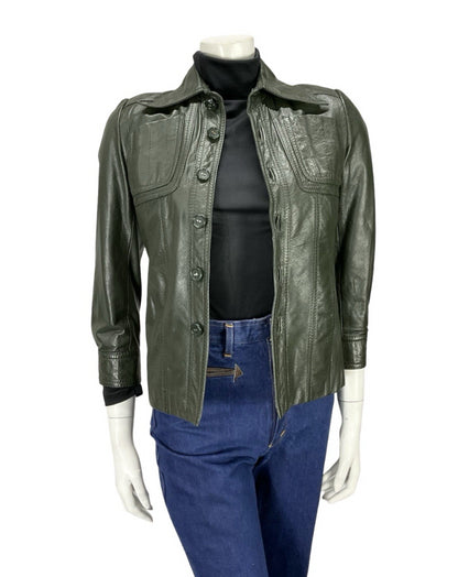 VTG 60s 70S MOD DARK GREEN NAPPA LEATHER DAGGER COLLAR LEATHER JACKET XS 4