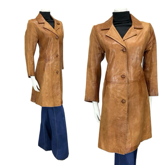 VTG 60S 70S SOFT BROWN LEATHER NOTHC LAPEL CROPPED SLEEVE MOD JACKET 10