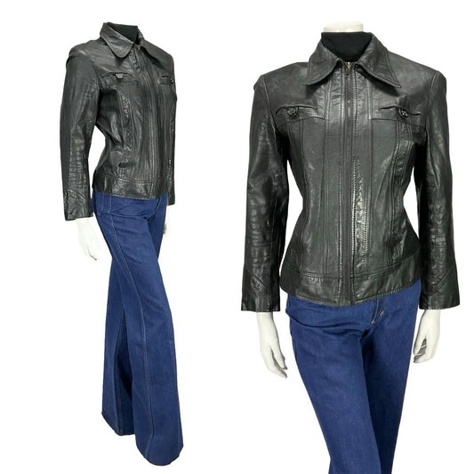 VTG 70S JET BLACK DAGGER COLLAR WELT POCKET ZIP UP LEATHER PUNK JACKET 10 12