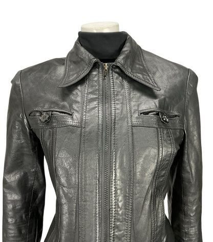 VTG 70S JET BLACK DAGGER COLLAR WELT POCKET ZIP UP LEATHER PUNK JACKET 10 12