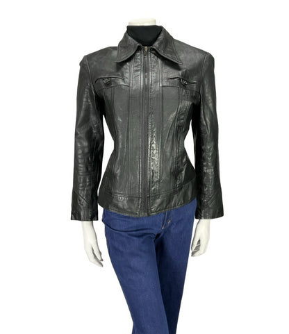 VTG 70S JET BLACK DAGGER COLLAR WELT POCKET ZIP UP LEATHER PUNK JACKET 10 12
