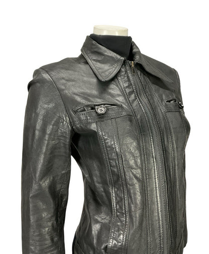 VTG 70S JET BLACK DAGGER COLLAR WELT POCKET ZIP UP LEATHER PUNK JACKET 10 12