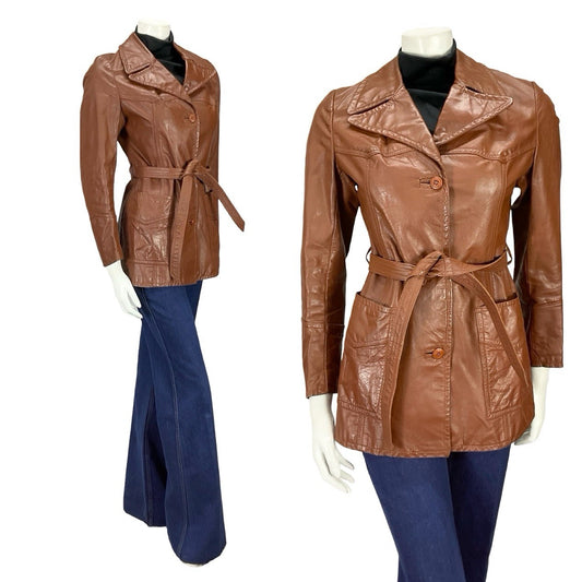 VTG 60S 70S BROWN LEATHER NOTCH LAPEL COLLAR TIE WAIST MOD JACKET 8