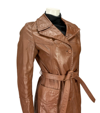 VTG 60S 70S BROWN LEATHER NOTCH LAPEL COLLAR TIE WAIST MOD JACKET 8