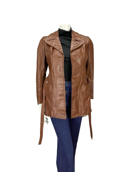 VTG 60S 70S BROWN LEATHER NOTCH LAPEL COLLAR TIE WAIST MOD JACKET 8