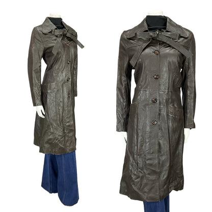 VTG 60S 70S MOD DOG EAR COLLAR BROWN LEATHER TRENCH MAC TIE WAIST BOW JACKET 12