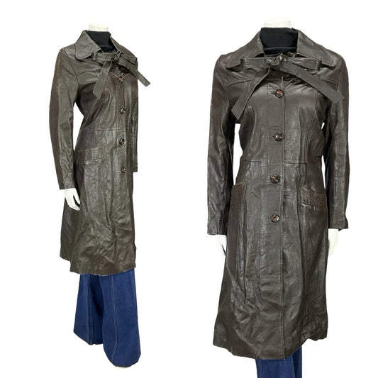 VTG 60S 70S MOD DOG EAR COLLAR BROWN LEATHER TRENCH MAC TIE WAIST BOW JACKET 12